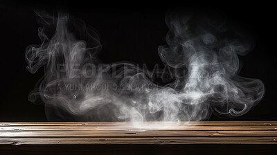 Empty wooden table with smoke on black copyspace background. Product display montage