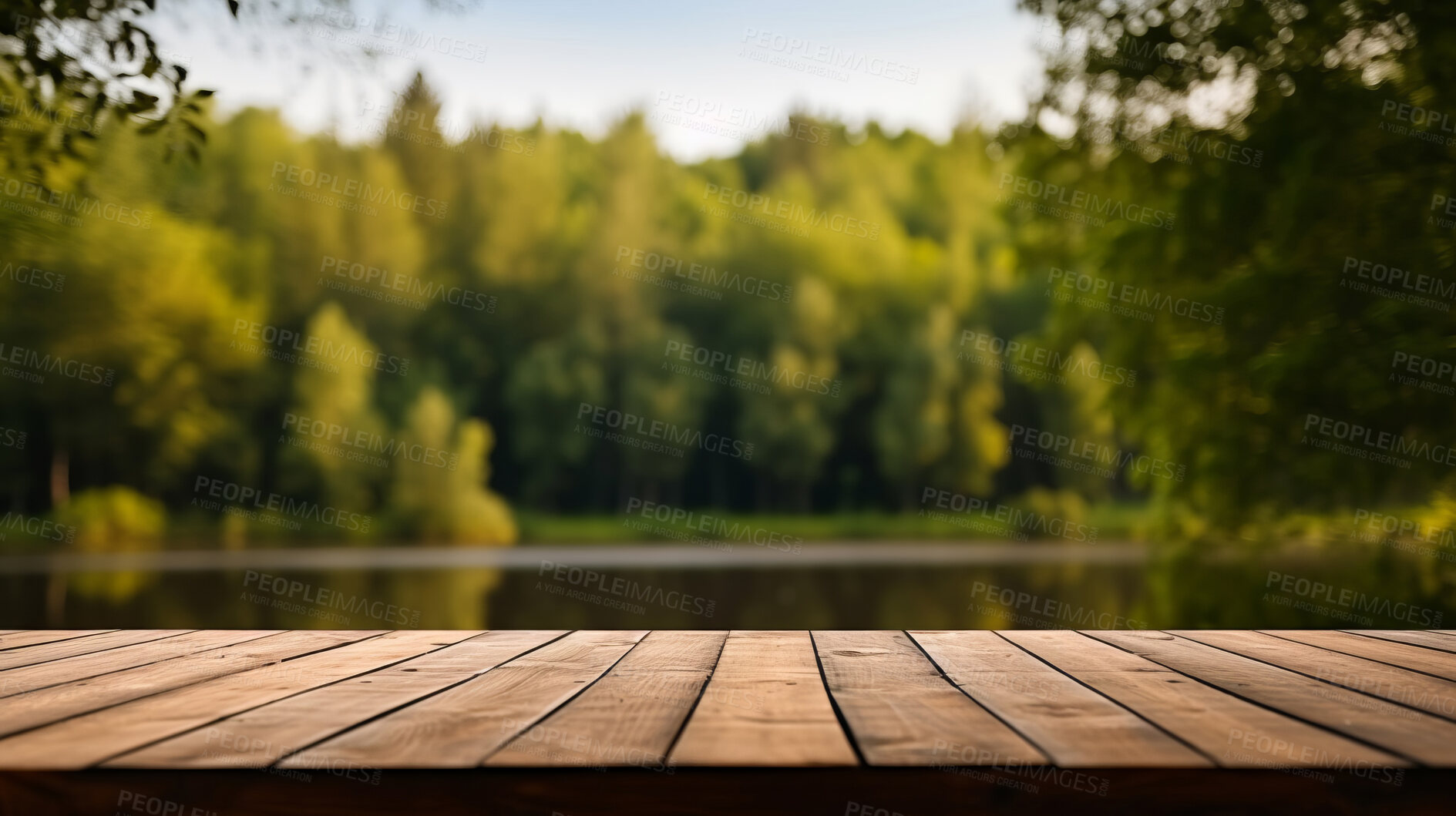 Buy stock photo Empty wooden table on forest lake copyspace background. Product display montage