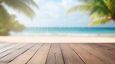 Empty wooden table on beach copyspace background. Product display montage
