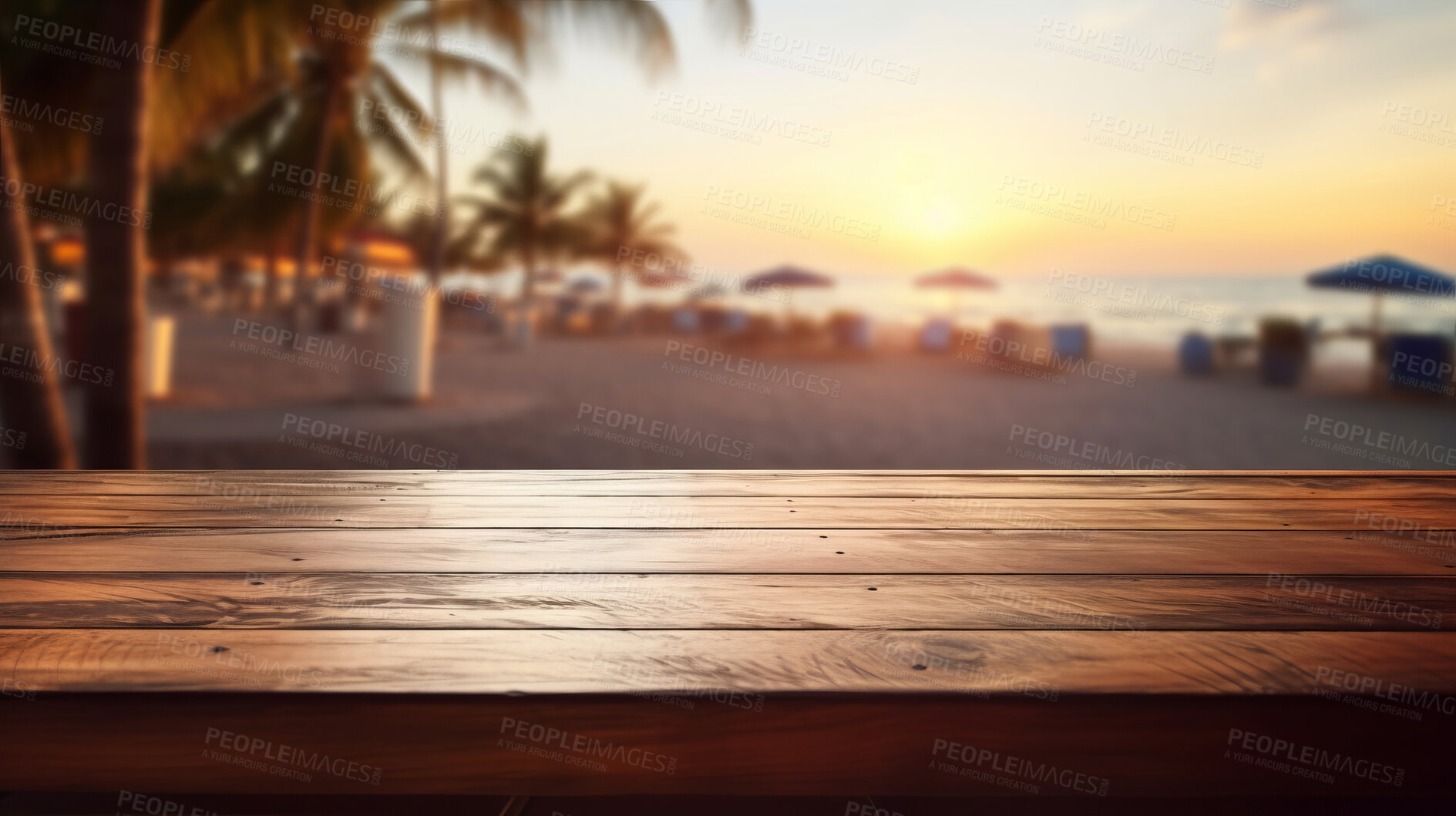 Buy stock photo Empty wooden table on beach copyspace background. Product display montage
