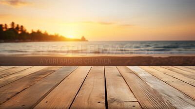 Empty wooden table on beach copyspace background. Product display montage