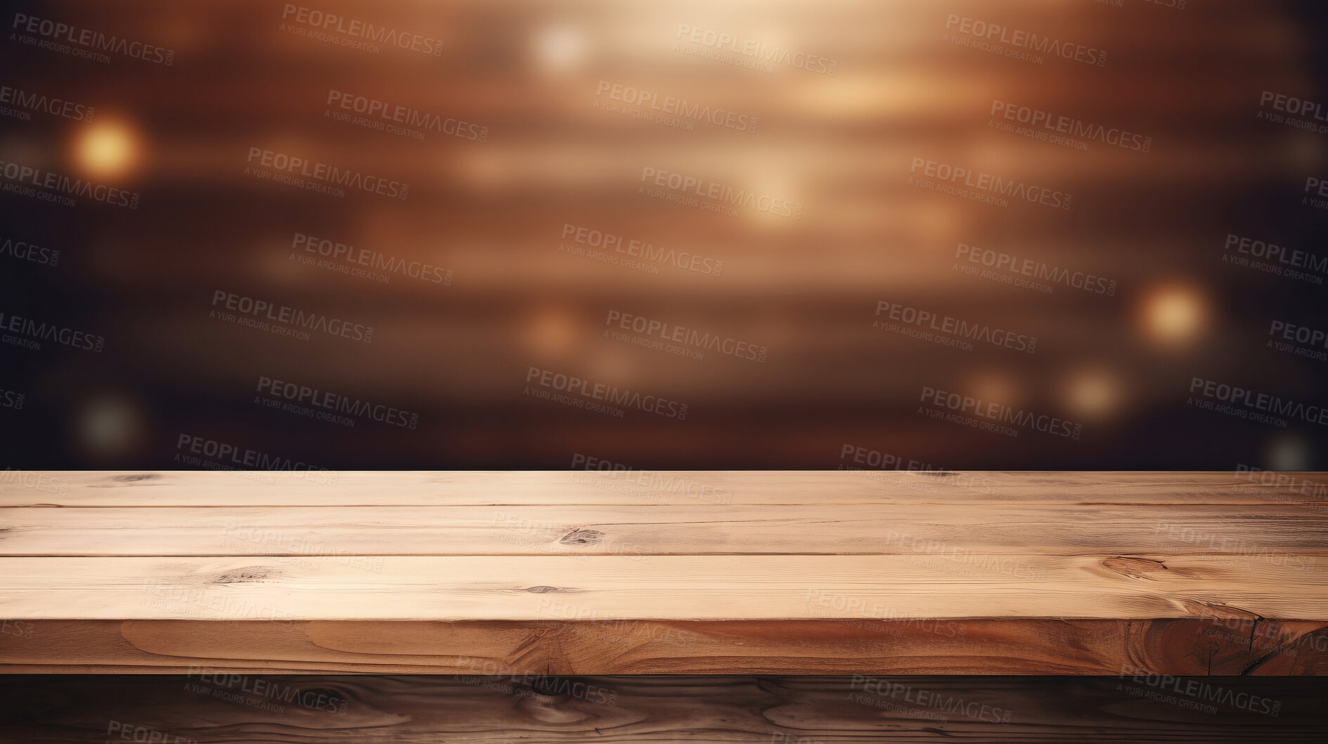 Buy stock photo Empty wooden table and blurred bokeh copyspace background. Product display montage