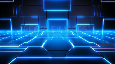 Buy stock photo Background abstract blue technology box floor cyberspace with glowing cubes and neon lights