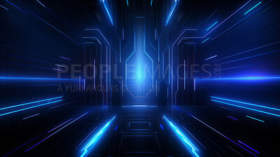 Futuristic room dark blue spaceship interior with glowing neon tunnel lights