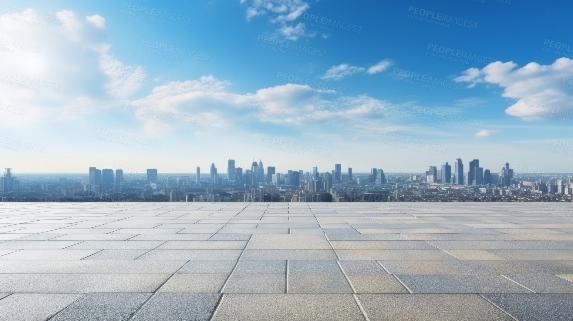 Buy stock photo Empty brick concrete floor and modern cityscape with blue sky. Background copyspace concept