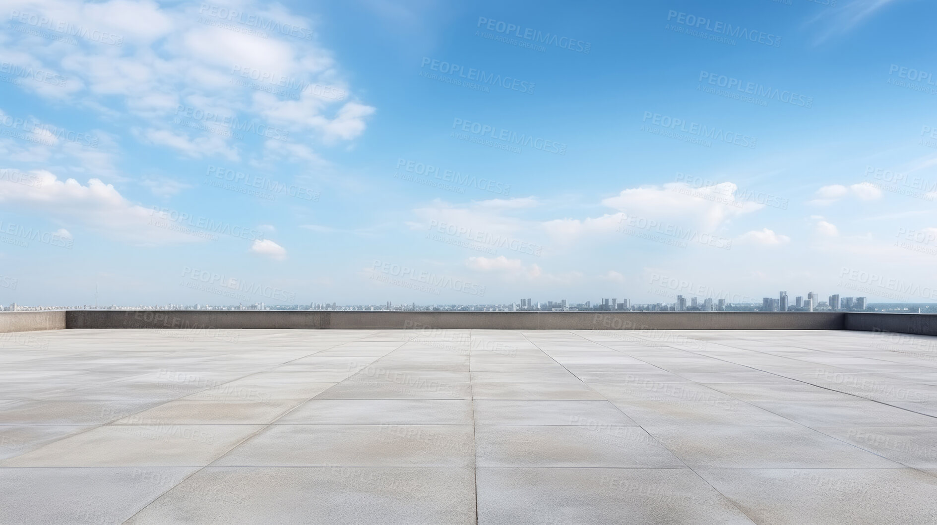 Buy stock photo Empty brick concrete floor and modern cityscape with blue sky. Background copyspace concept