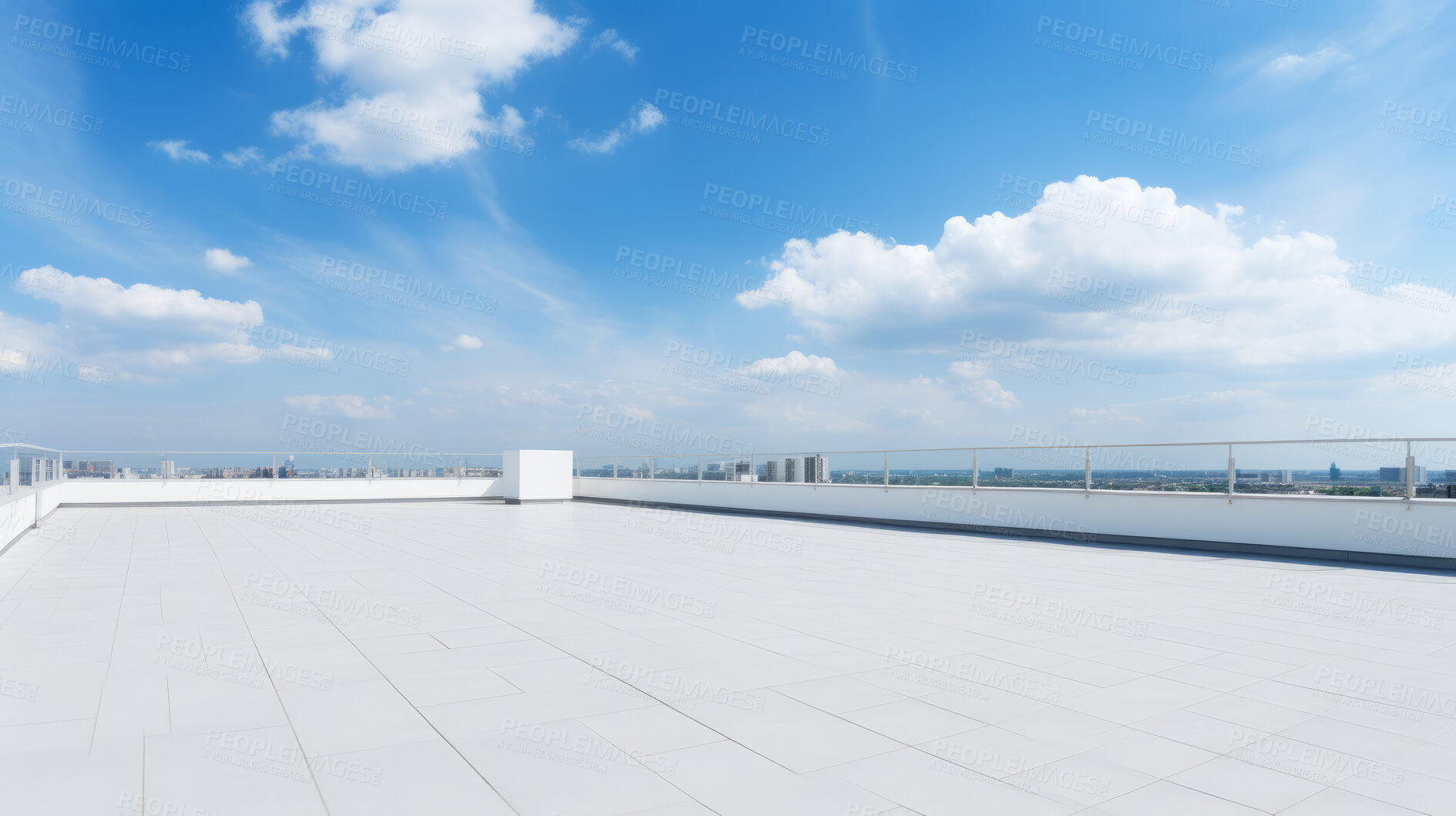 Buy stock photo Empty brick concrete floor and modern cityscape with blue sky. Background copyspace concept