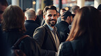 Man in crowd smiling at camera. Individual leader concept