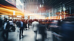 Businesspeople walking at convention center. Motion blur crowd background