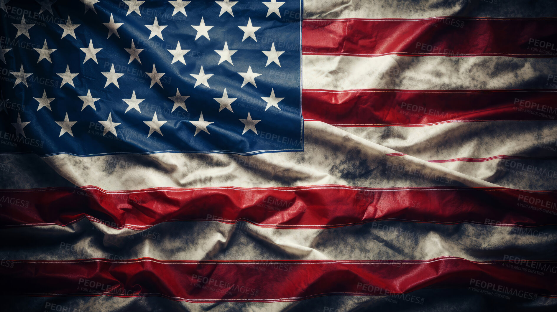 Buy stock photo Dirty flag, vivid red and blue colour in lowlight. Red, white and blue United states patriotism.