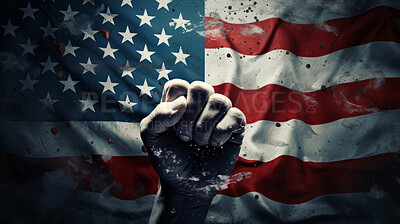 Fist raised in activism style to the background of American flag.