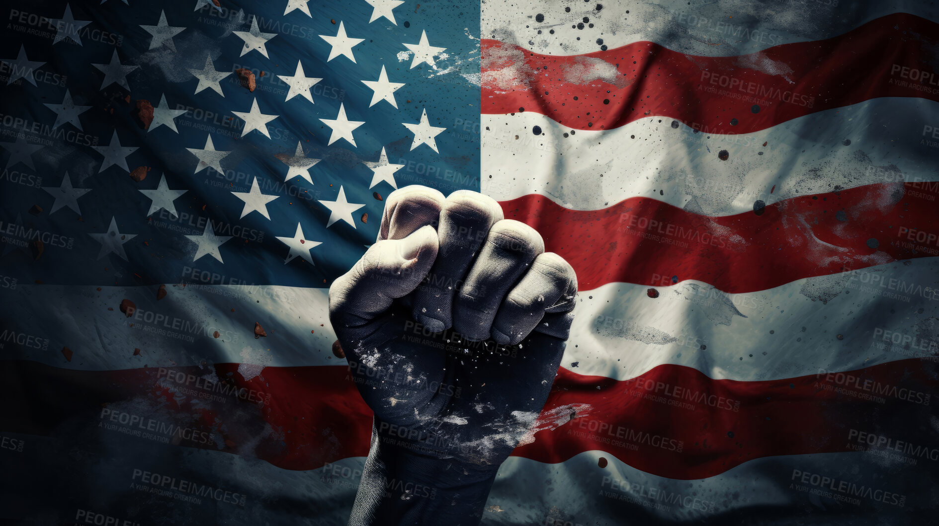 Buy stock photo Fist raised in activism style to the background of American flag.