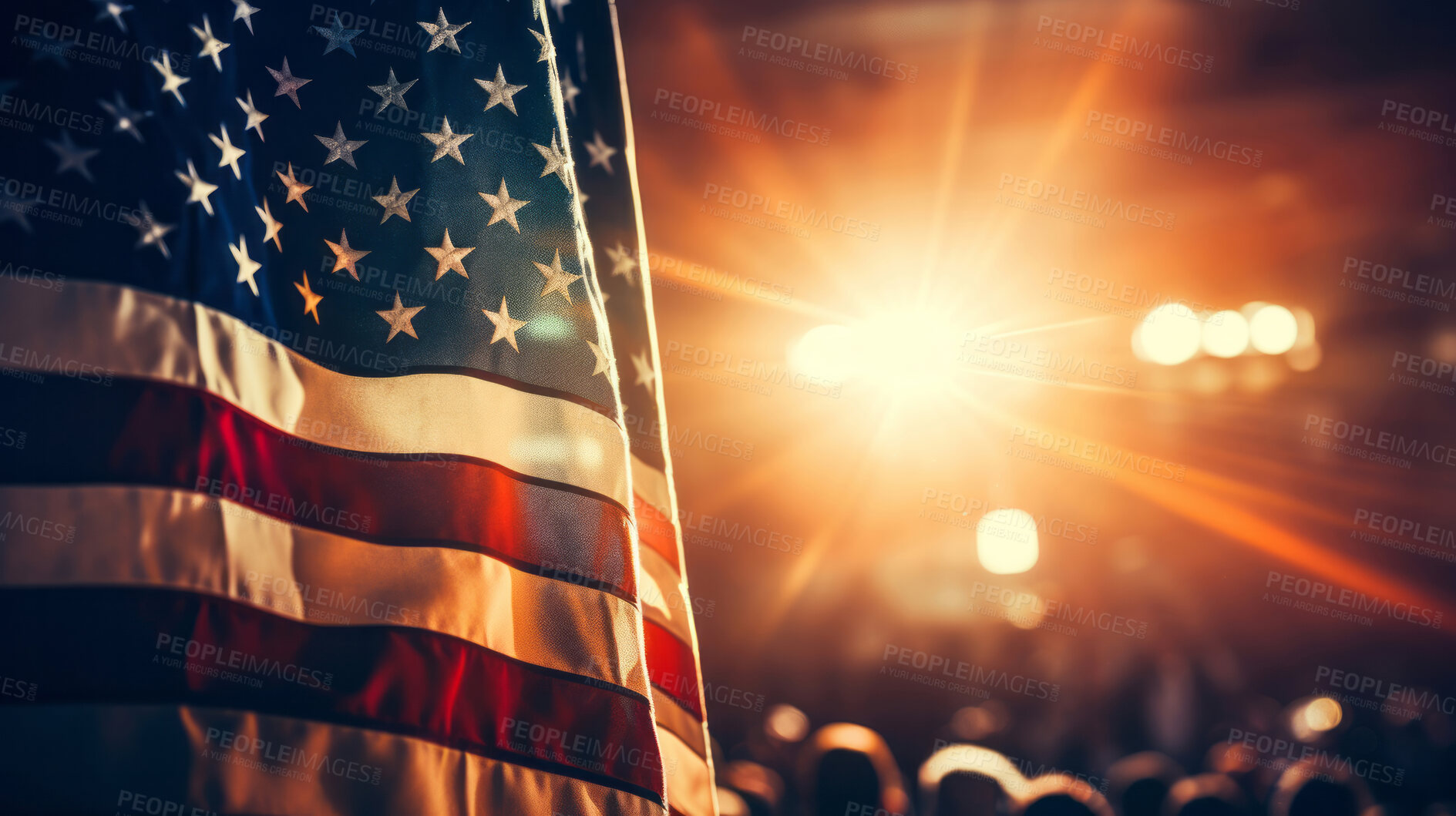 Buy stock photo American flag at big political event, sign of patriotism.Big audience, copy space, sun flare.