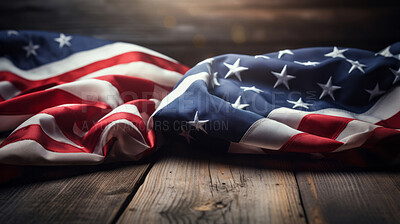 American flag on wooden table. Patriotic symbolism. Memorial day concept.