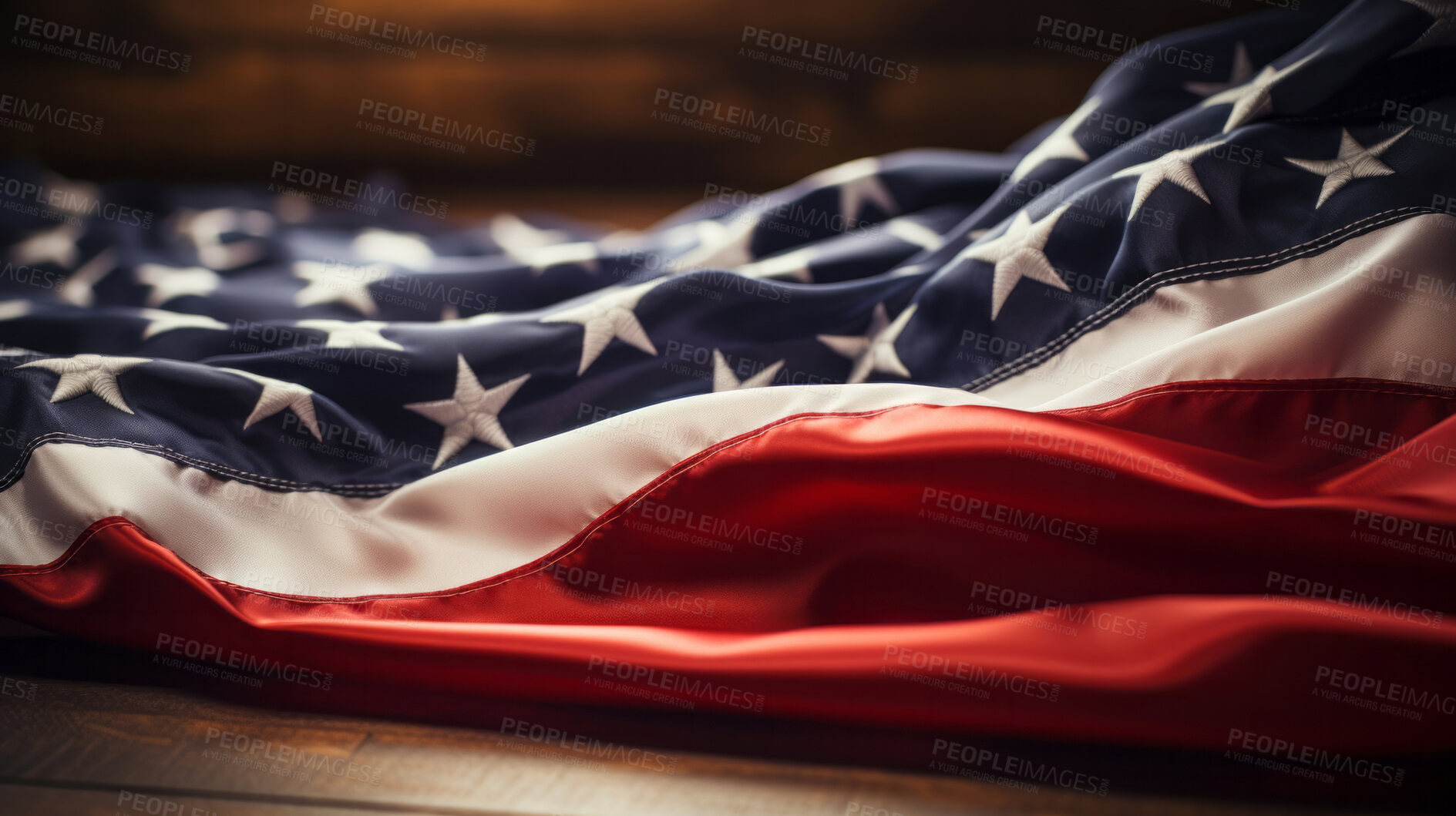 Buy stock photo American flag on wooden table. Patriotic symbolism. Memorial day concept.