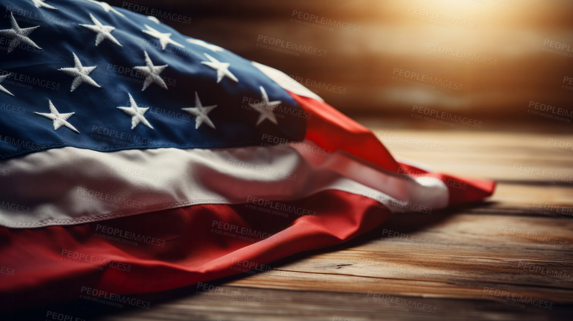 Buy stock photo American flag on table with sun flare in background. Open space for copy. Memorial day concept