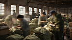 Blurred warehouse factory, illegal labour exploitation in sweatshop manufacturing concept