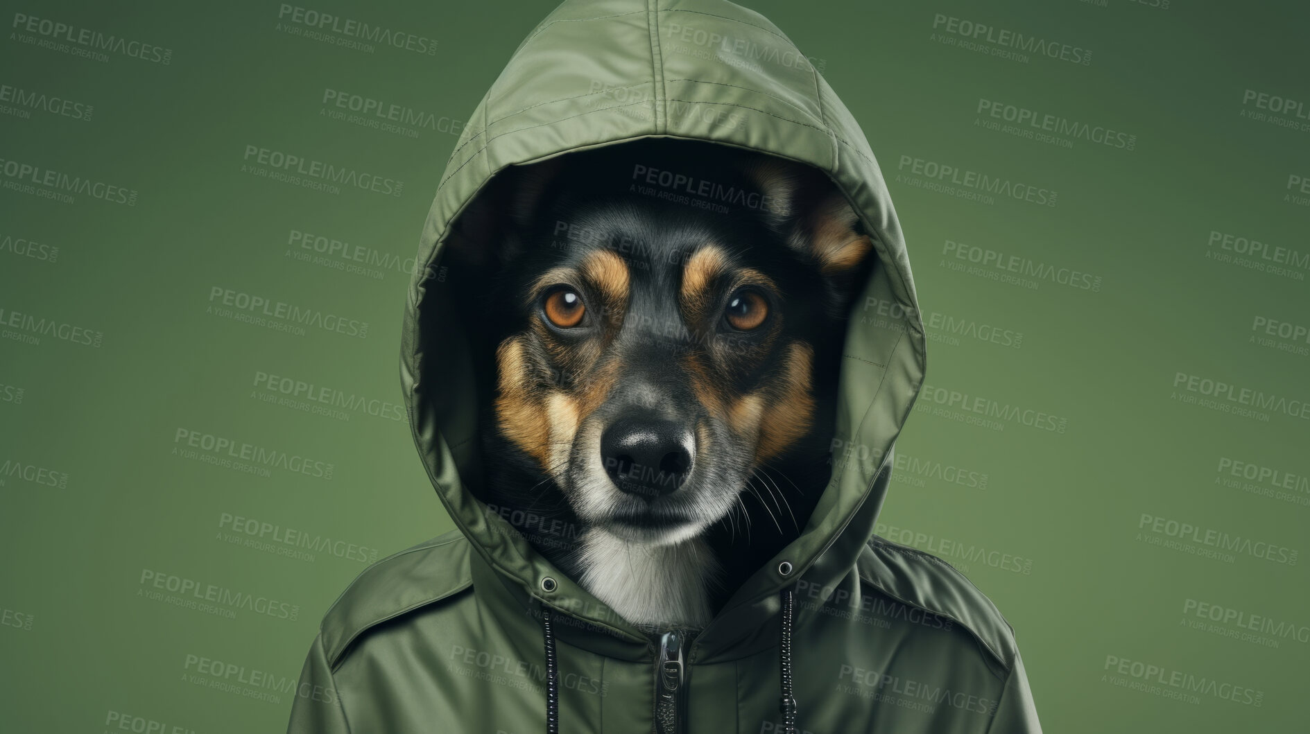 Buy stock photo Portrait of dog wearing a jacket or raincoat on flat green background