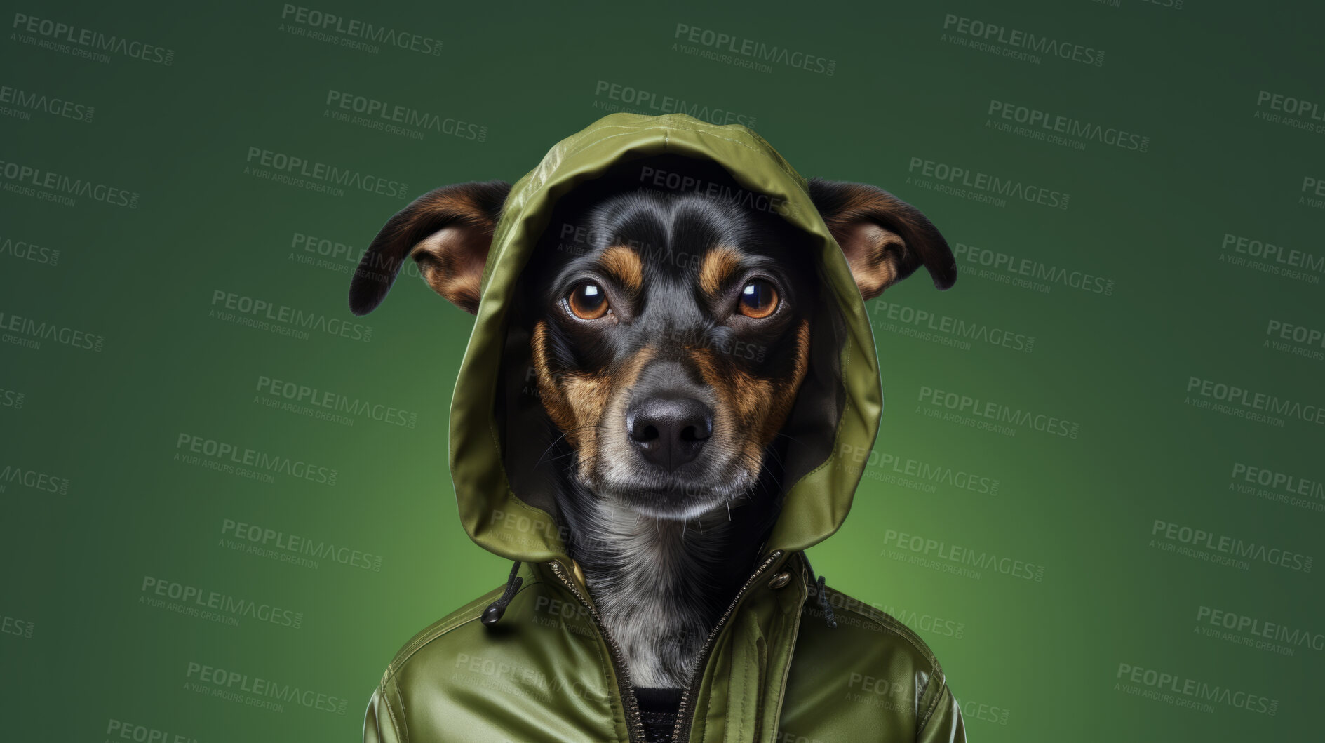 Buy stock photo Portrait of dog wearing a jacket or raincoat on flat green background