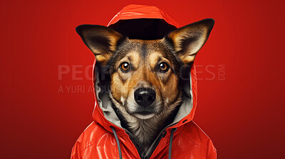 Portrait of dog wearing a jacket or raincoat on flat red background