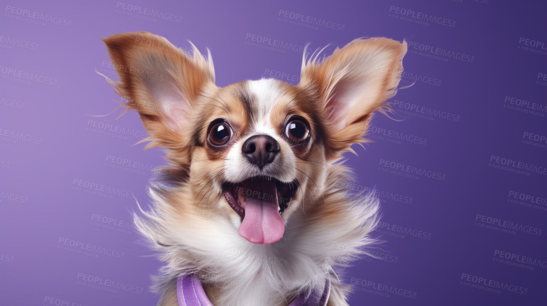 Buy stock photo Portrait of happy or excited dog. Looking and posing on flat purple background