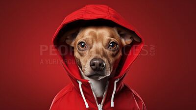 Portrait of dog wearing a jacket or raincoat on flat red background