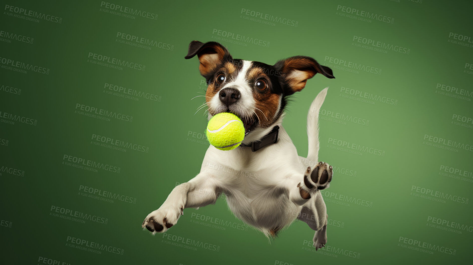 Buy stock photo Portrait of dog catching ball on green background. Dog leaping or jumping in air