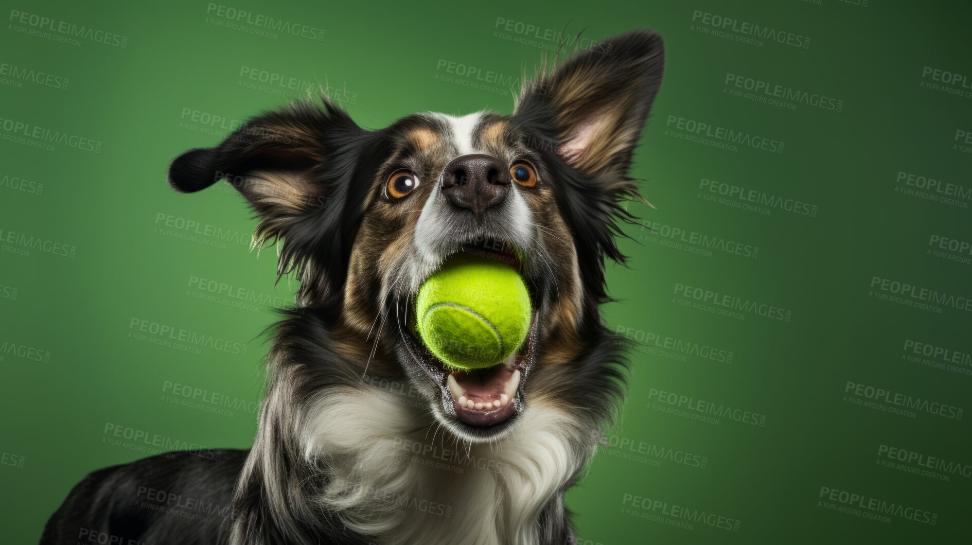 Buy stock photo Portrait of dog catching ball on green background. Excited and playful pet