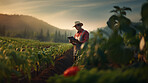 Farmer using a digital tablet in a field. Farming, agriculture and environmental technology