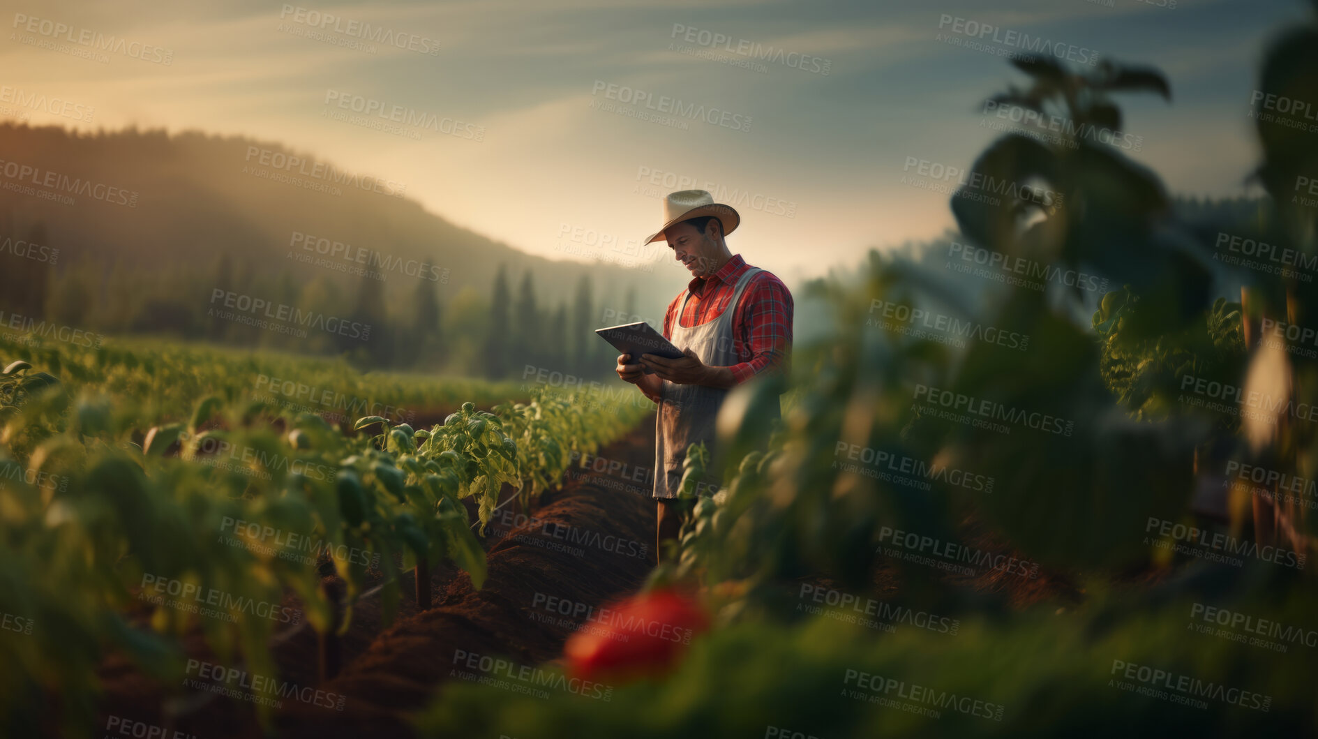 Buy stock photo Farmer using a digital tablet in a field. Farming, agriculture and environmental technology