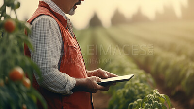 Farmer using a digital tablet in a field. Farming, agriculture and environmental technology