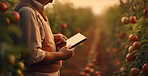 Farmer using a digital tablet in a field. Farming, agriculture and environmental technology