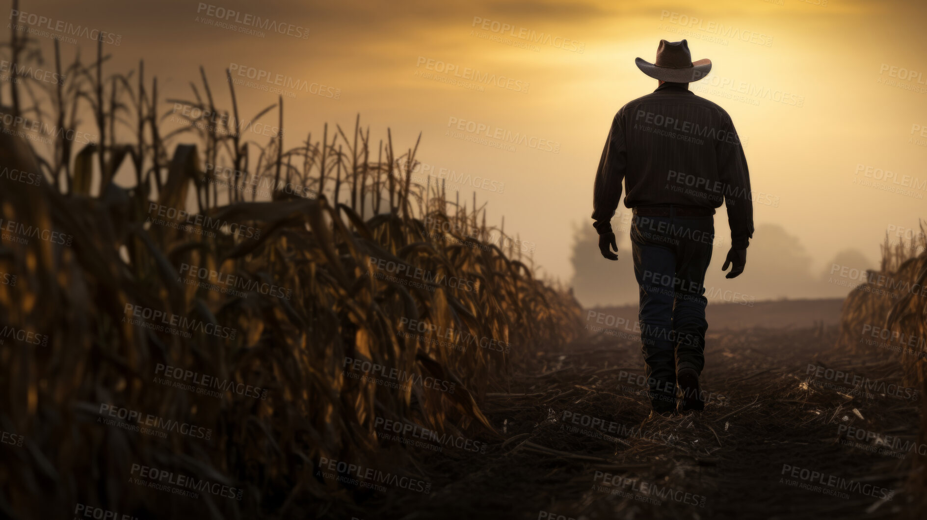 Buy stock photo Farmer walking through wheat crop field at sunrise. Silhouette of man with hat