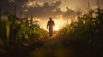 Farmer walking through wheat crop field at sunrise. Silhouette of man with hat