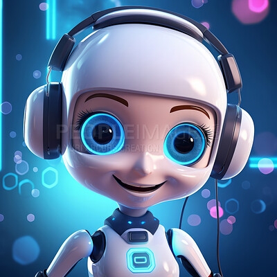 Buy stock photo Cute smiling teen robot with headphones. Future friendly efficient service concept