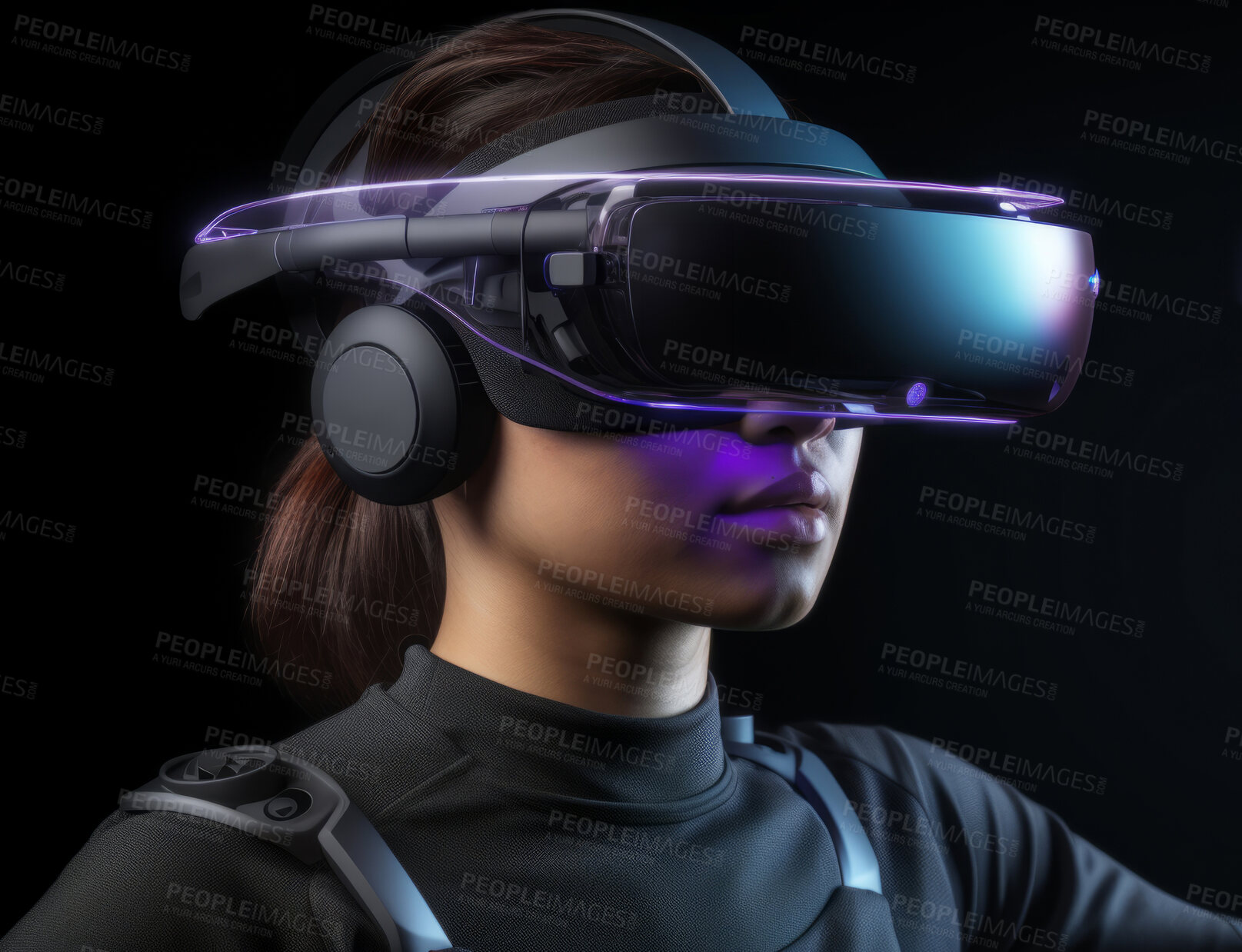 Buy stock photo Woman with VR mask headset. Futuristic data concept. New Technology.
