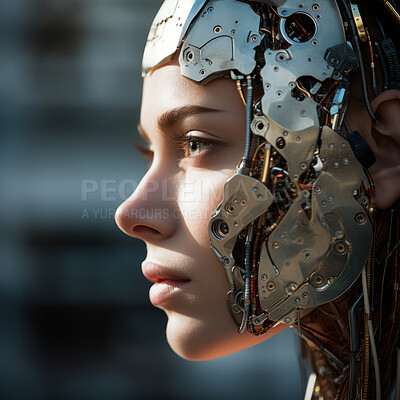 Buy stock photo Artificial intelligence futuristic humanoid cyber girl with a neural network. Cyborg alien woman