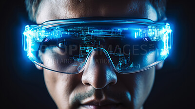 Man with VR mask headset with transparent glass. Futuristic data concept. New Technology.