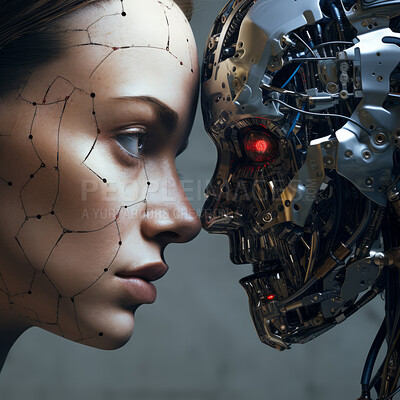 Artificial intelligence futuristic humanoid vs cyber girl with a neural network.