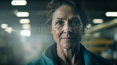 Confident serious mature older woman in warehouse. Worker, supervisor and industrial contractor at project
