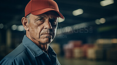 Confident serious mature older man in warehouse. Worker, supervisor and industrial contractor at project