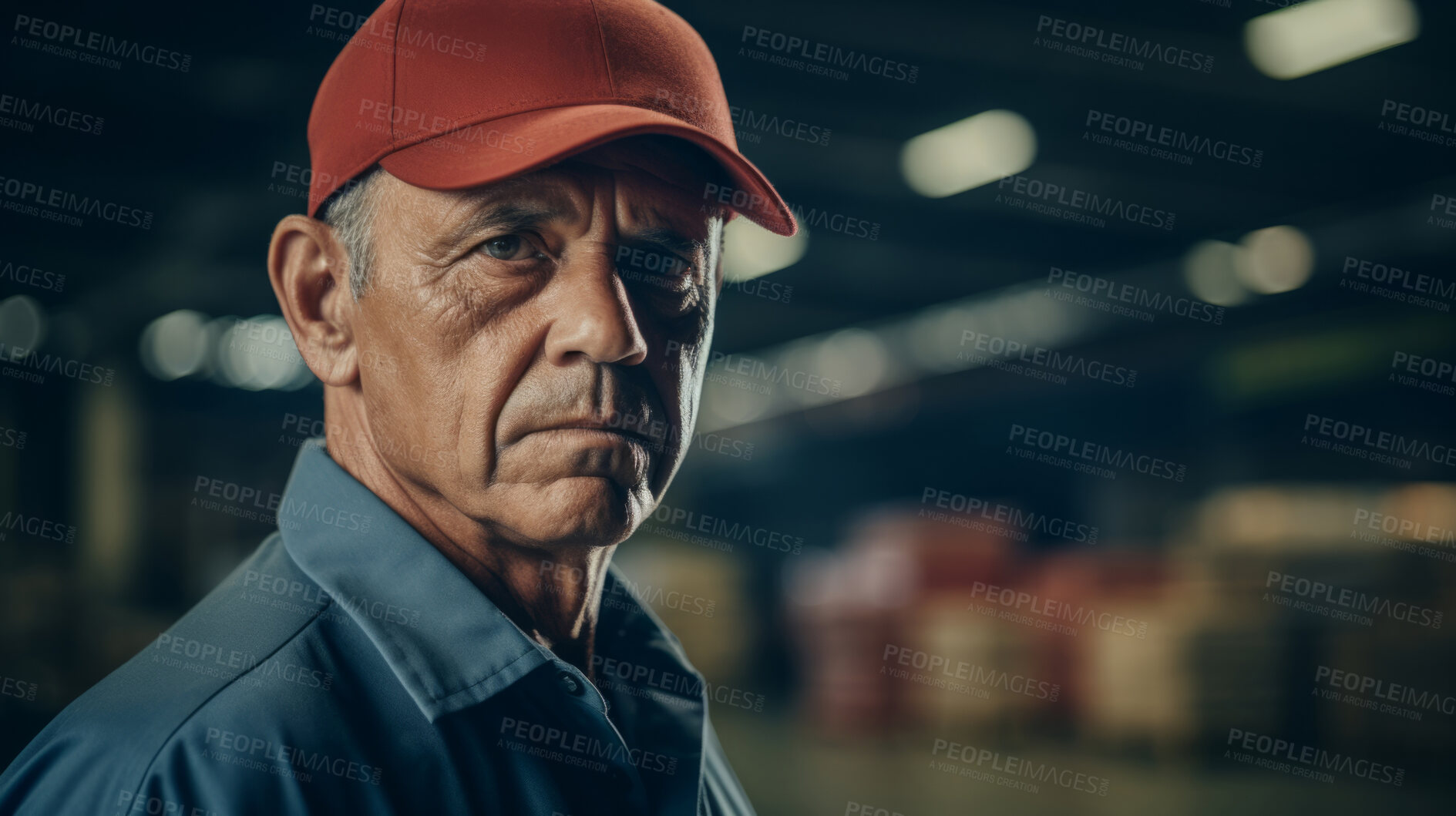 Buy stock photo Confident serious mature older man in warehouse. Worker, supervisor and industrial contractor at project