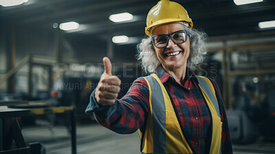 Confident mature older woman with hardhat in shipping warehouse showing thumbsup at camera