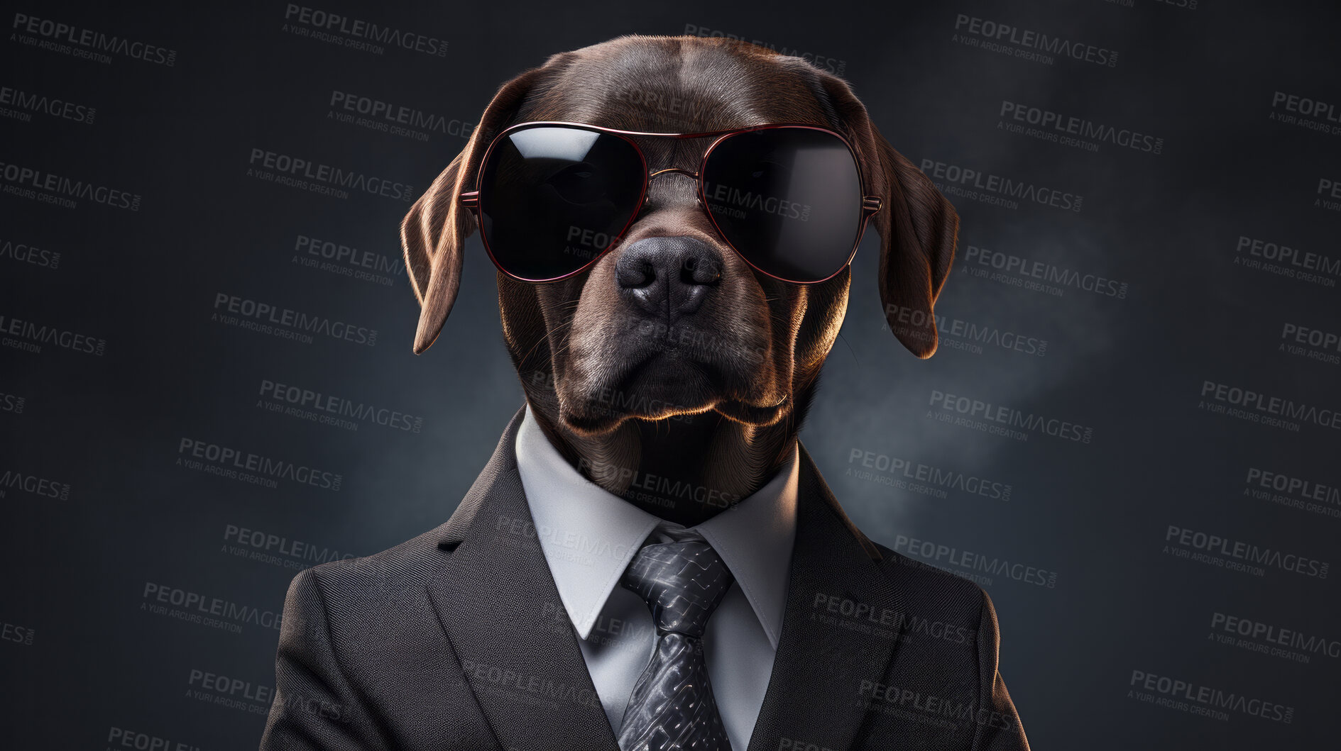 Buy stock photo Cool dog wearing a suit, tie and sunglasses. Pet dressed as bodyguard or secret agent