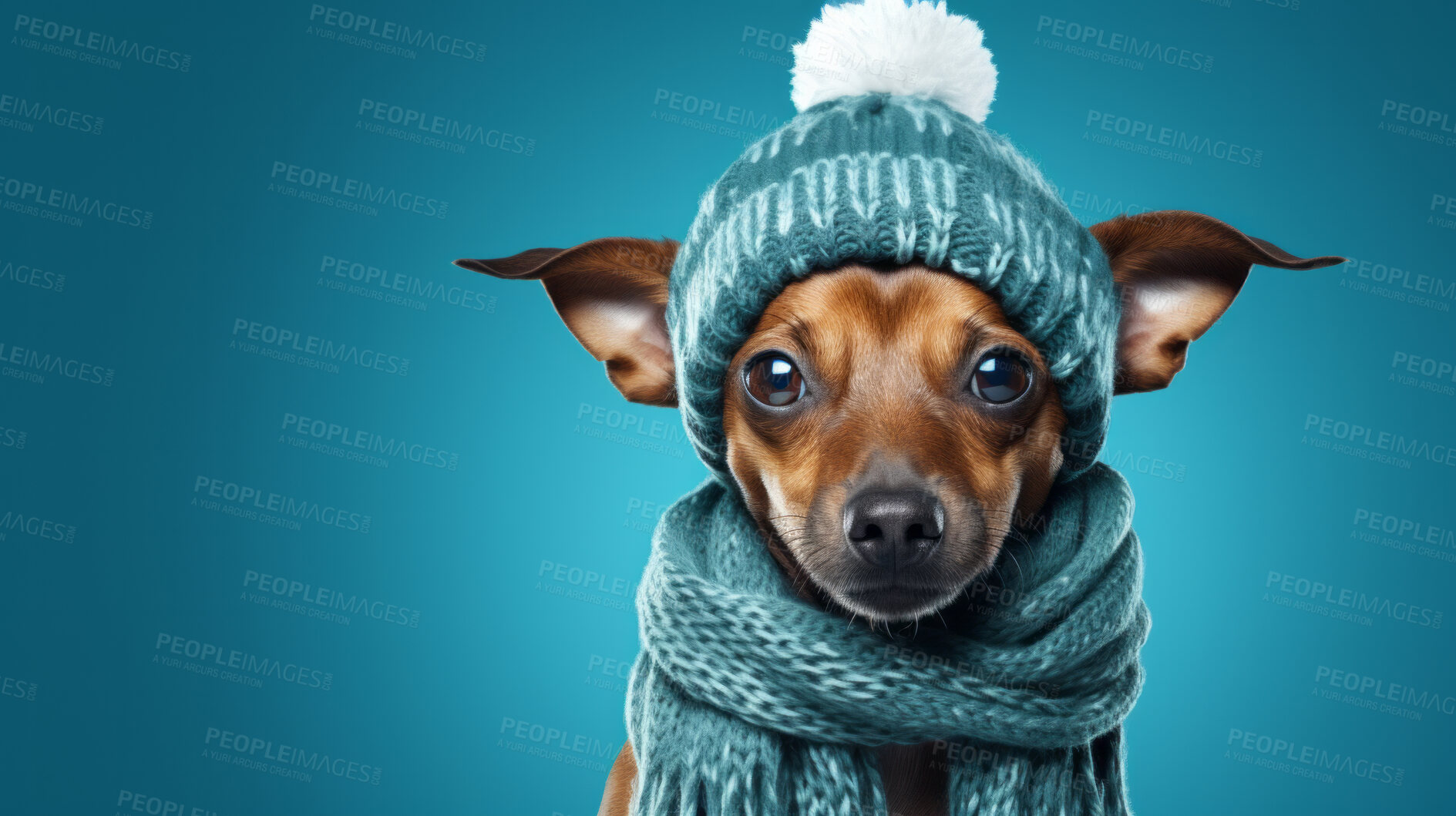 Buy stock photo Dog wearing beanie cap and scarf. Portrait of pet dressed for autumn or winter