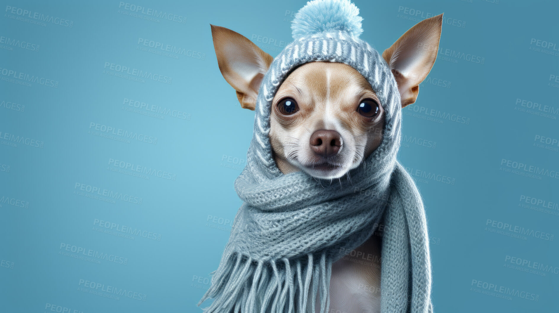 Buy stock photo Dog wearing beanie cap and scarf. Portrait of pet dressed for autumn or winter