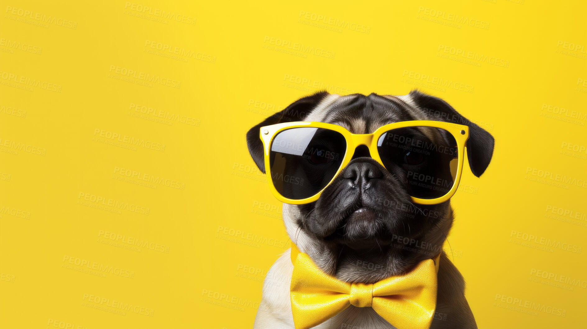 Buy stock photo Portrait of dog wearing a bowtie and sunglasses. Pet posing against a yellow background