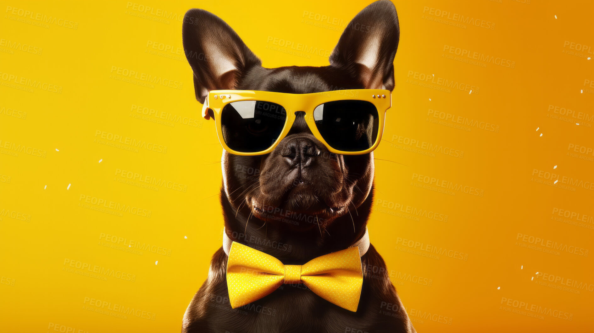 Buy stock photo Portrait of dog wearing a bowtie and sunglasses. Pet posing against a yellow background