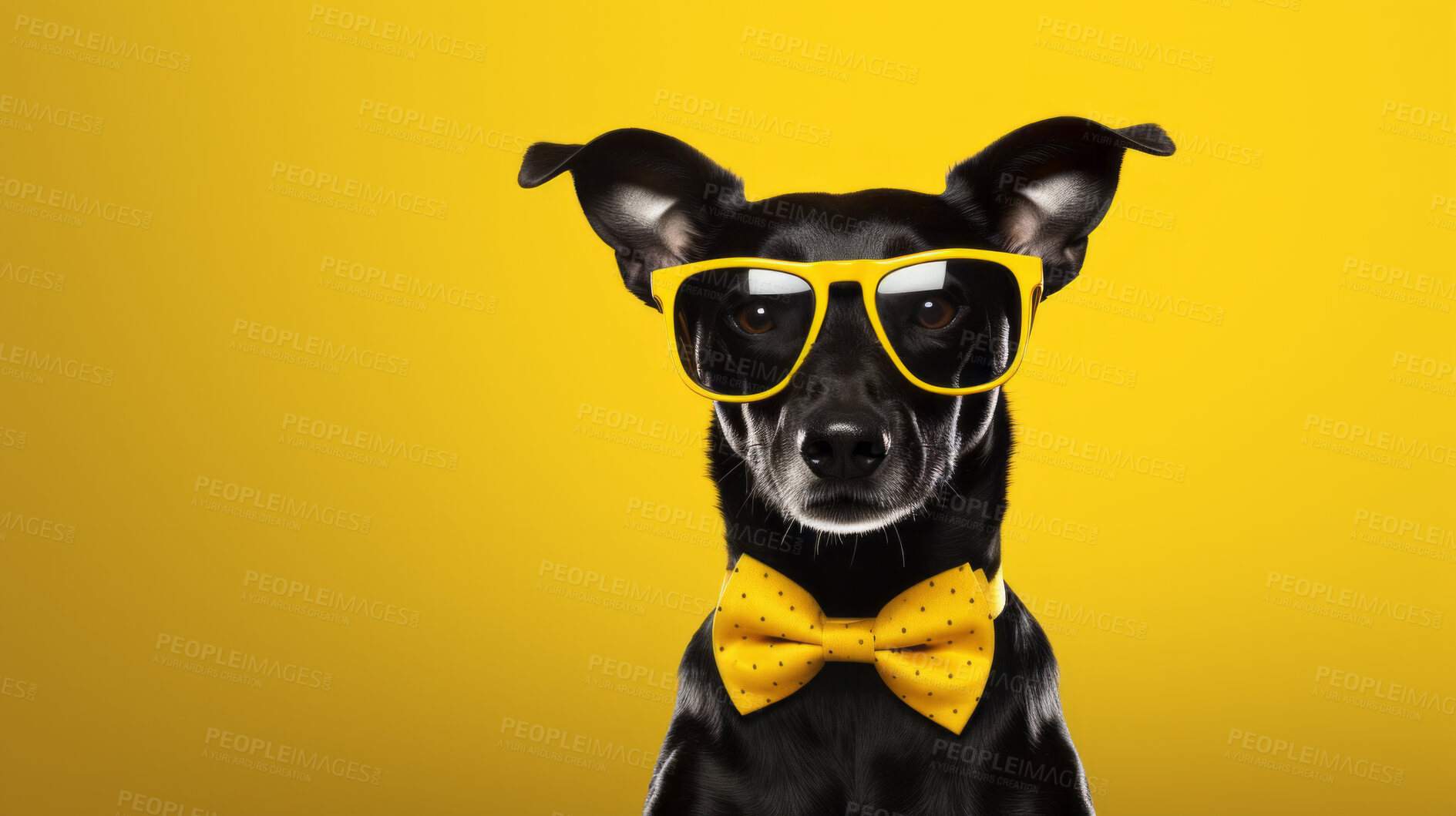 Buy stock photo Portrait of dog wearing a bowtie and sunglasses. Pet posing against a yellow background