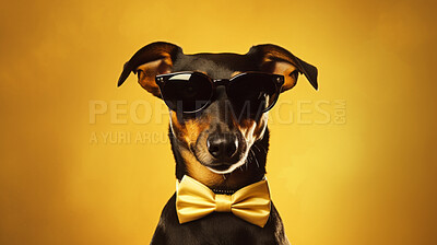 Portrait of dog wearing a bowtie and sunglasses. Pet posing against a yellow background
